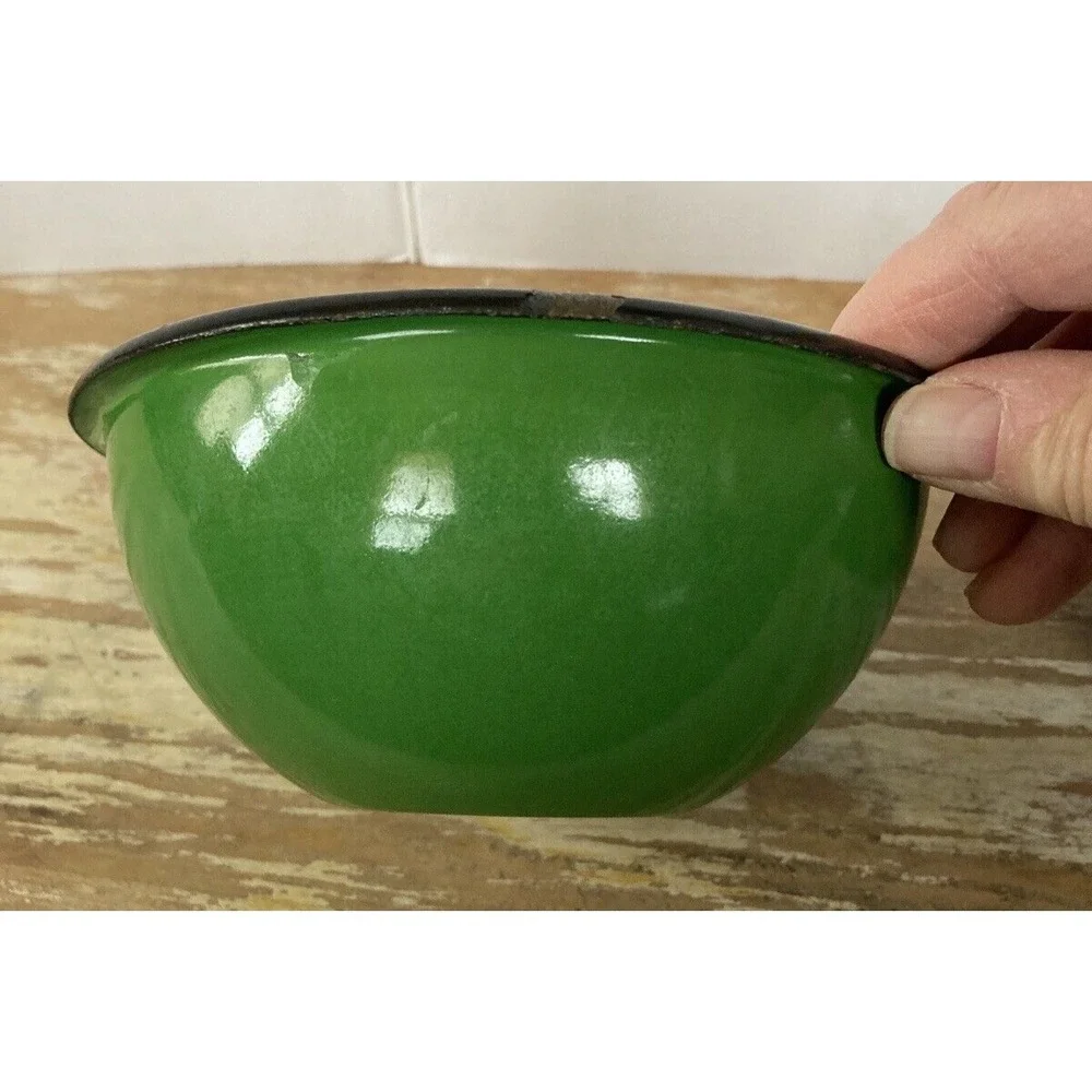 Vintage enameled enamelware bowls blue green olive Made in Poland stamp